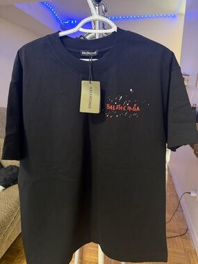 Balenciaga Black Short Sleeve Tee with Red Logo Detail